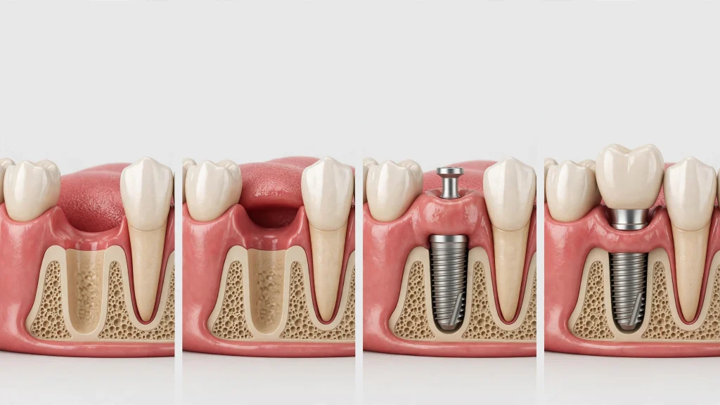 Titanium dental implant fixture fully placed and integrated into the jawbone, with a healing abutment post protruding through the gum tissue.